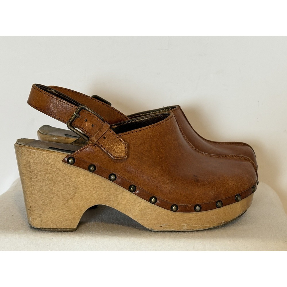DOLCE & GABBANA Studded Leather Whiskey Brown Wood Sole Clogs Shoes 40 EU/9 US